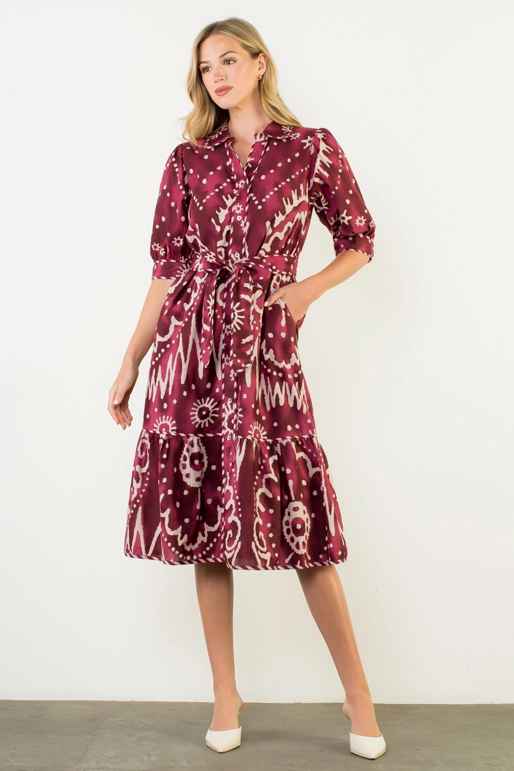 Ikat Printed Dress in Plum Chilly Comfort Wear Cozy Base