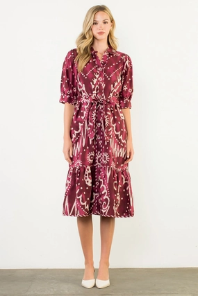 Ikat Printed Dress in Plum Youthful Style