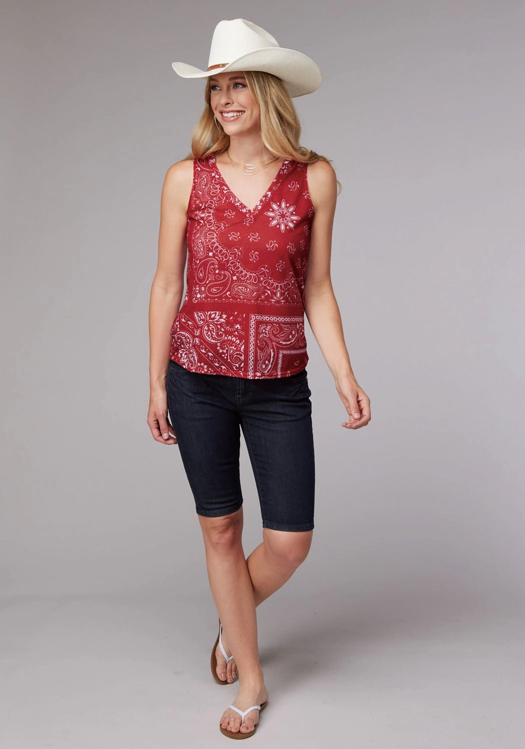 Roper Womens 2080 Bandana V-Neck Red/White 100% Polyester S/L Tank Top Structured Shoulder Support Plus size option