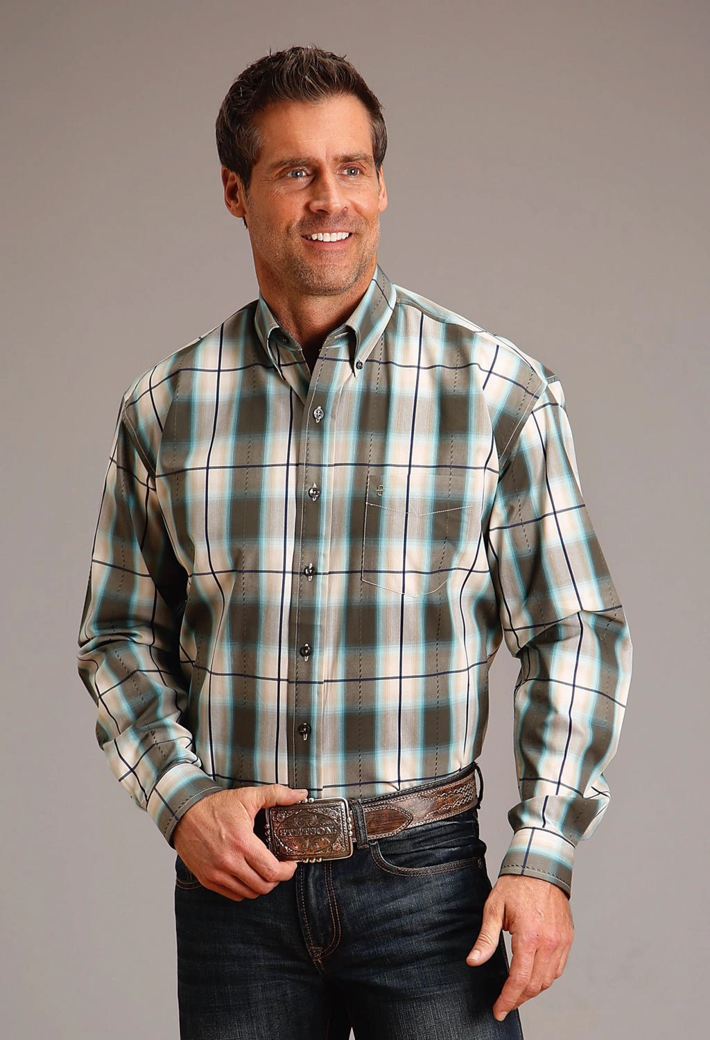 Asymmetrical Cut Layered Look Stetson Mens Ombre Dobby Olive 100% Cotton L/S Shirt