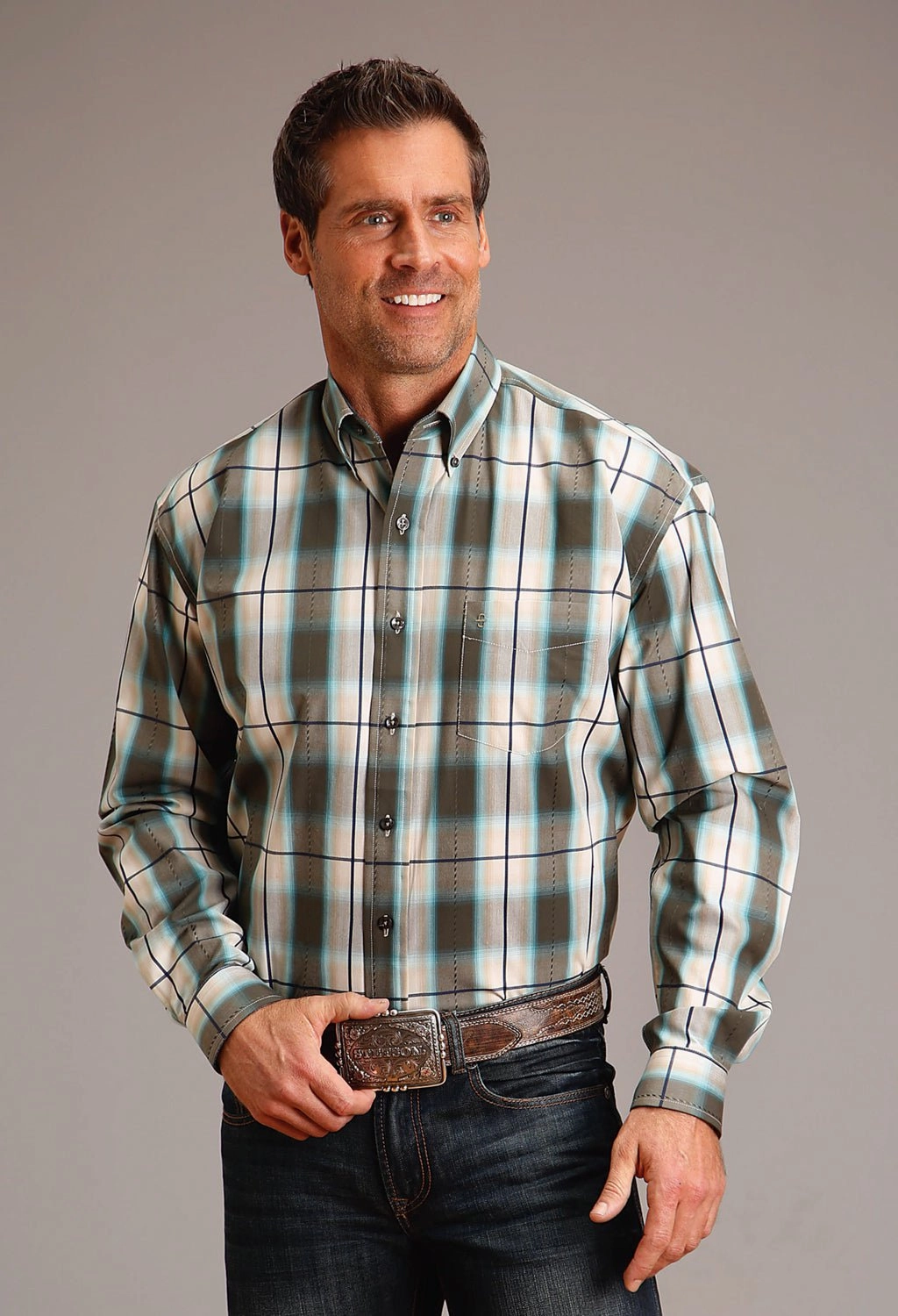 Stetson Mens Ombre Dobby Olive 100% Cotton L/S Shirt Morning Comfort