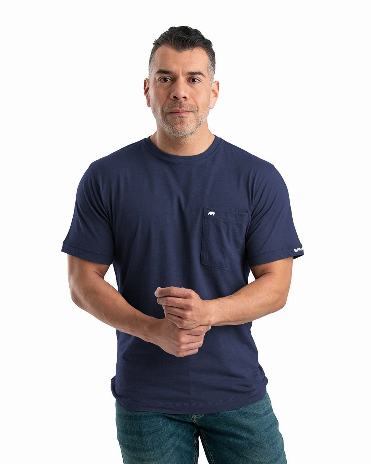 Berne Apparel Mens Performance Pocket Tee Navy Cotton Blend L/S T-Shirt Denim Blend