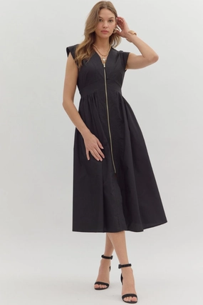 Soft Pleats Elizabeth Zip Front Midi Dress in Black