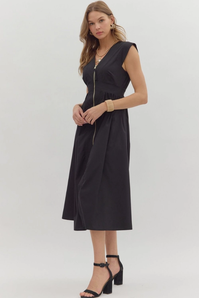 Elizabeth Zip Front Midi Dress in Black Dreamy Motion Sleek and Simple