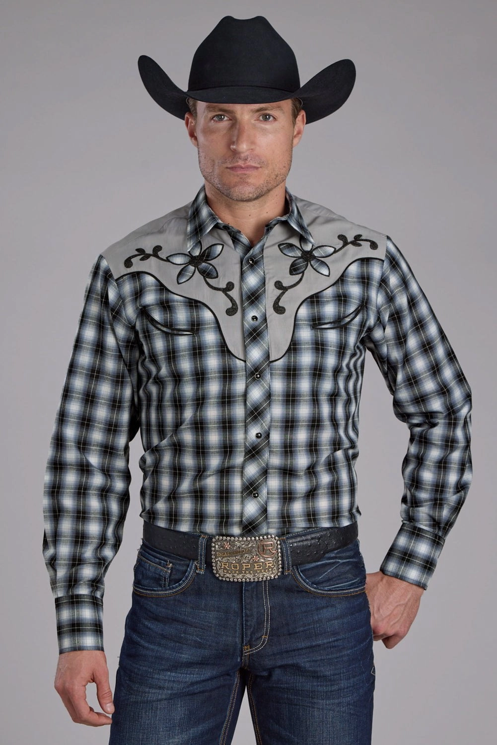 Classy Detail Roper Mens 2407 Fancy Floral Black Cotton Blend L/S Shirt