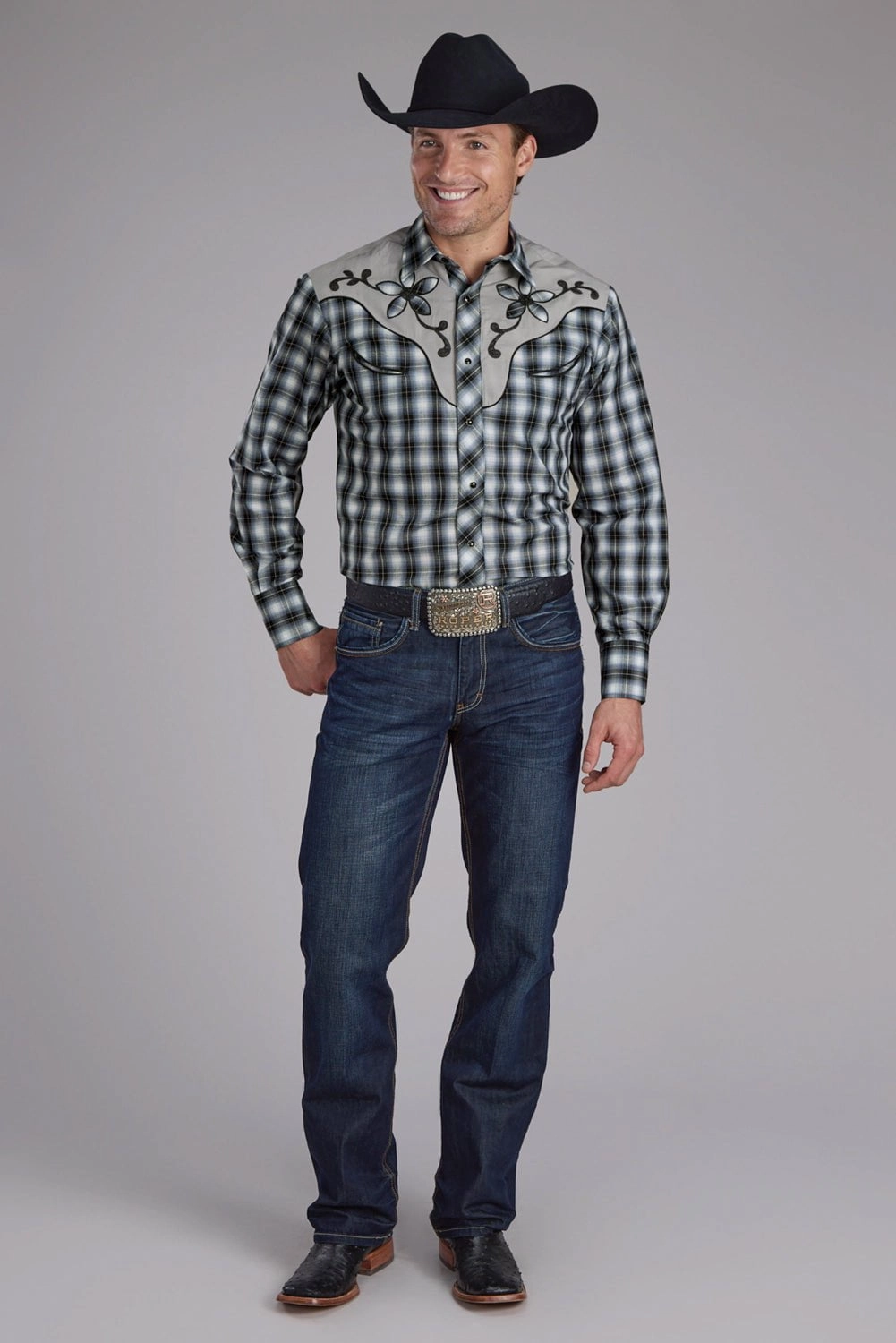 Low Maintenance Roper Mens 2407 Fancy Floral Black Cotton Blend L/S Shirt