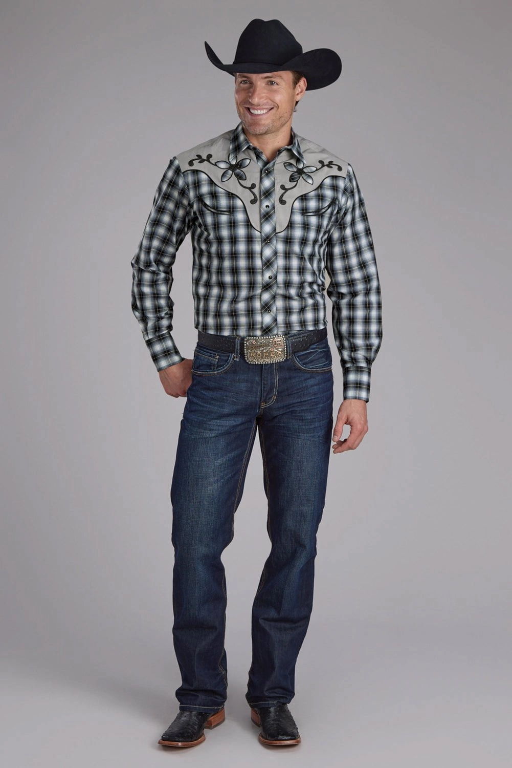 Roper Mens 2407 Fancy Floral Black Cotton Blend L/S Shirt checkered pattern