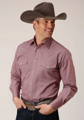 Corporate Wear Odorless Binding Tape Roper Mens Crosshatch Squares Wine Poly/Cotton L/S Shirt