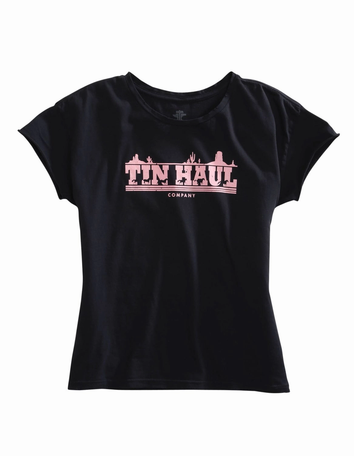 Tin Haul Womens Black 100% Cotton Pink Running Horses S/S T-Shirt Smooth Texture Twill Weave