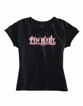 Tin Haul Womens Black 100% Cotton Pink Running Horses S/S T-Shirt Stretchy Cloth birthday celebration