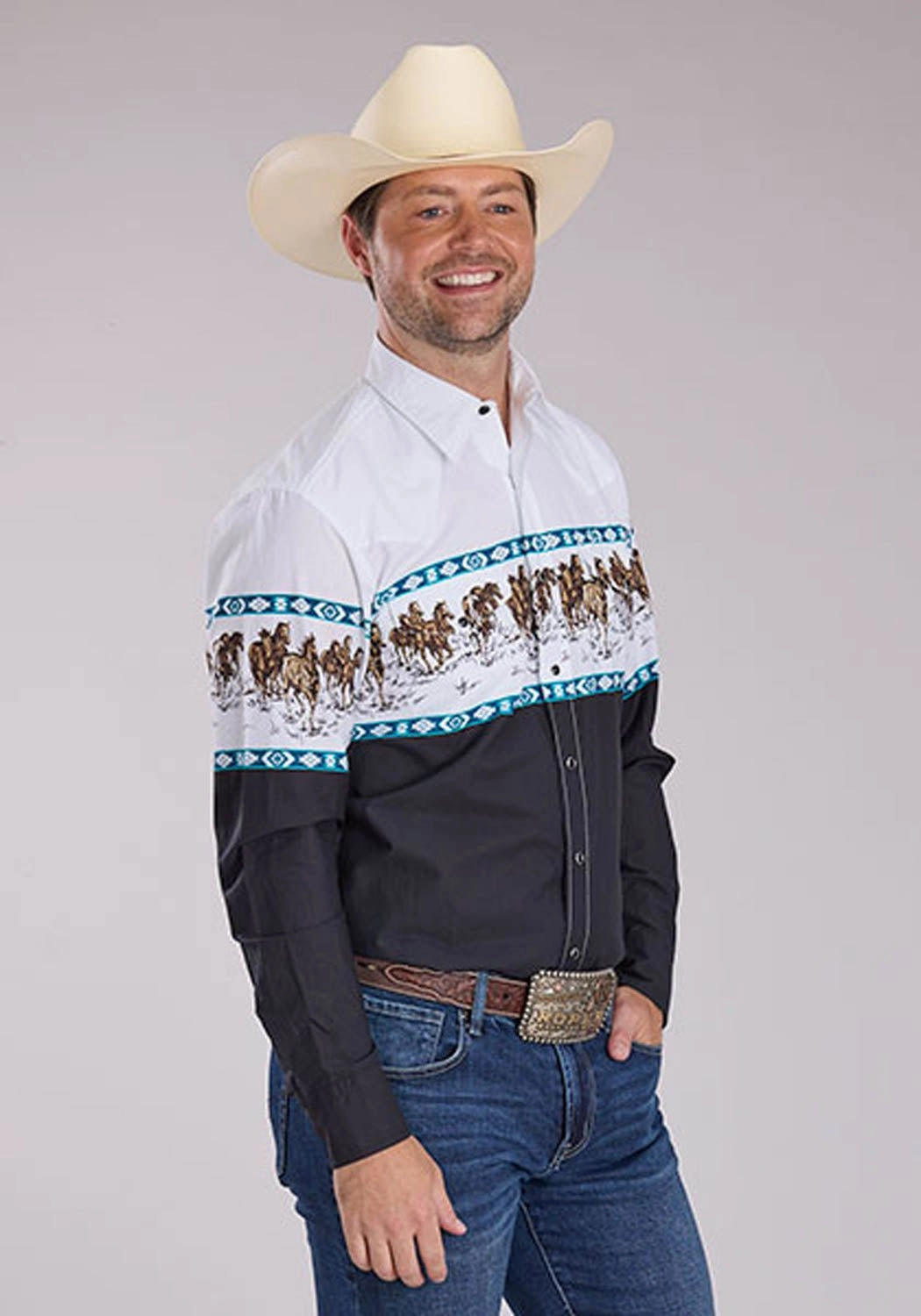 Roper Mens Running Horse Border Black 100% Cotton L/S Shirt Lightweight Feel Summer Camp