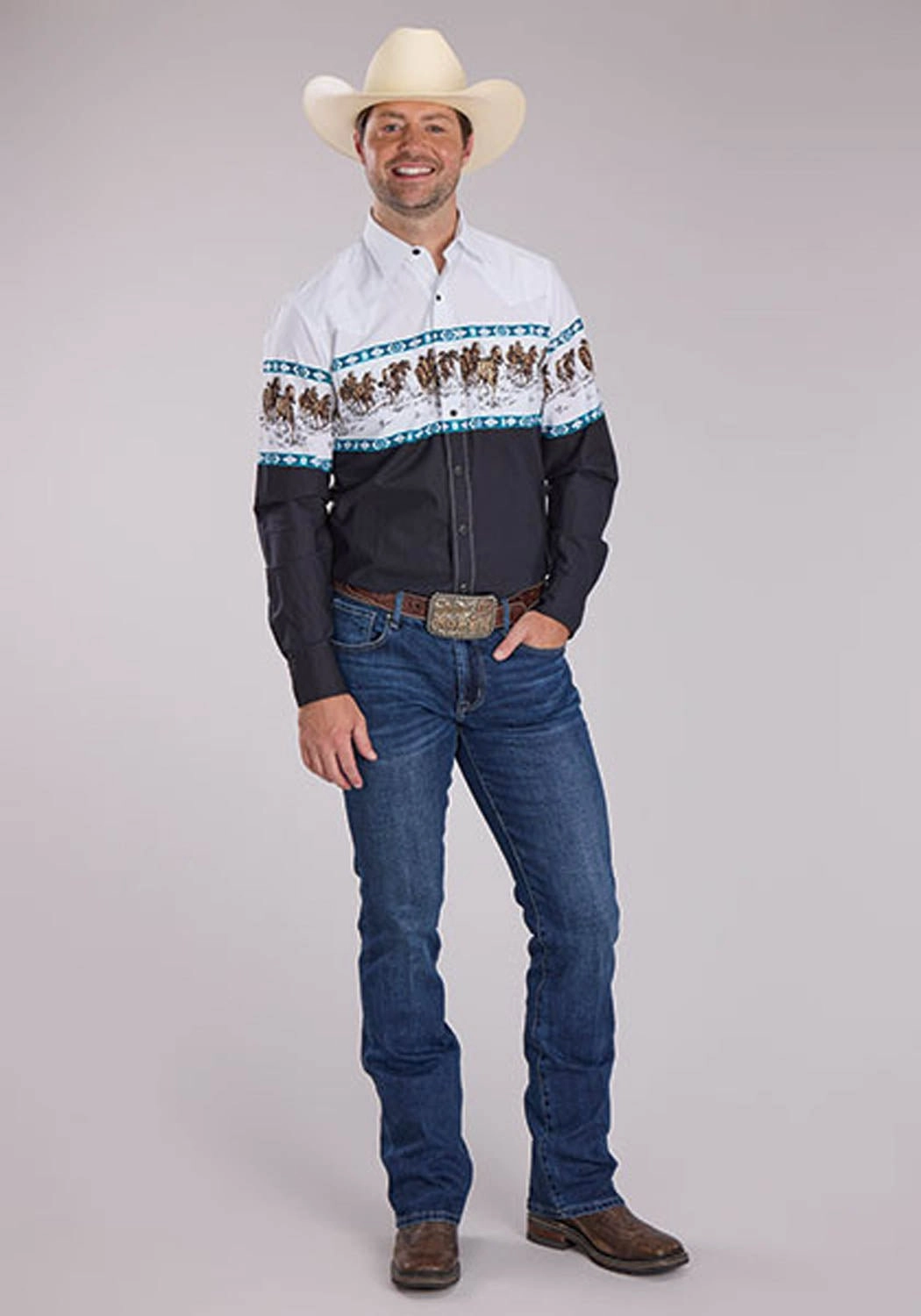 Lightweight Layers Loose Fit Roper Mens Running Horse Border Black 100% Cotton L/S Shirt