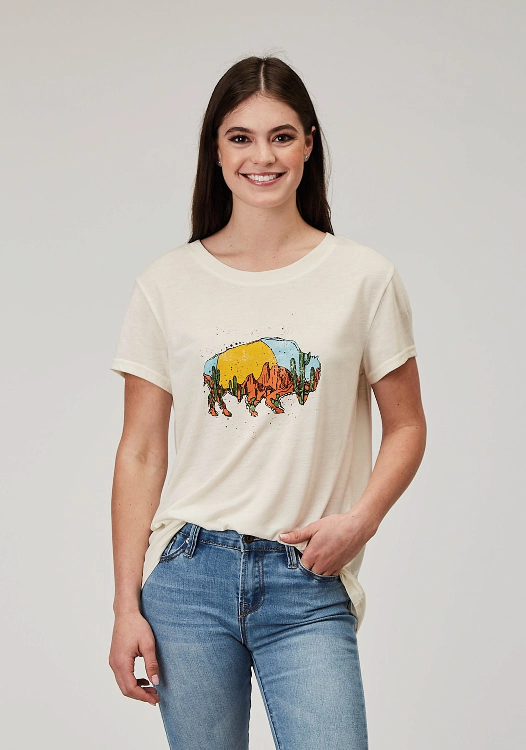 Loose Fit Roper Womens Desert Buffalo Cream Poly/Cotton S/S T-Shirt