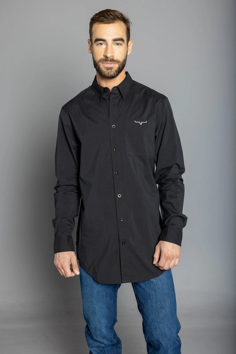 Polished Look Kimes Ranch Mens Team Shirt Long Black Cotton Blend L/S Shirt