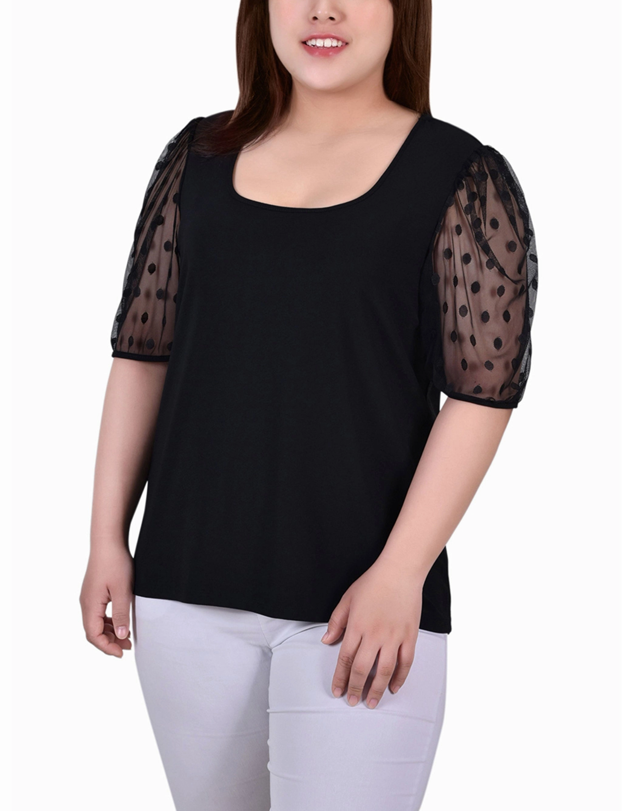 Plus Size Elbow Sleeve Crepe Top With Mesh Dotted Sleeves Peach Tone Hidden Pocket