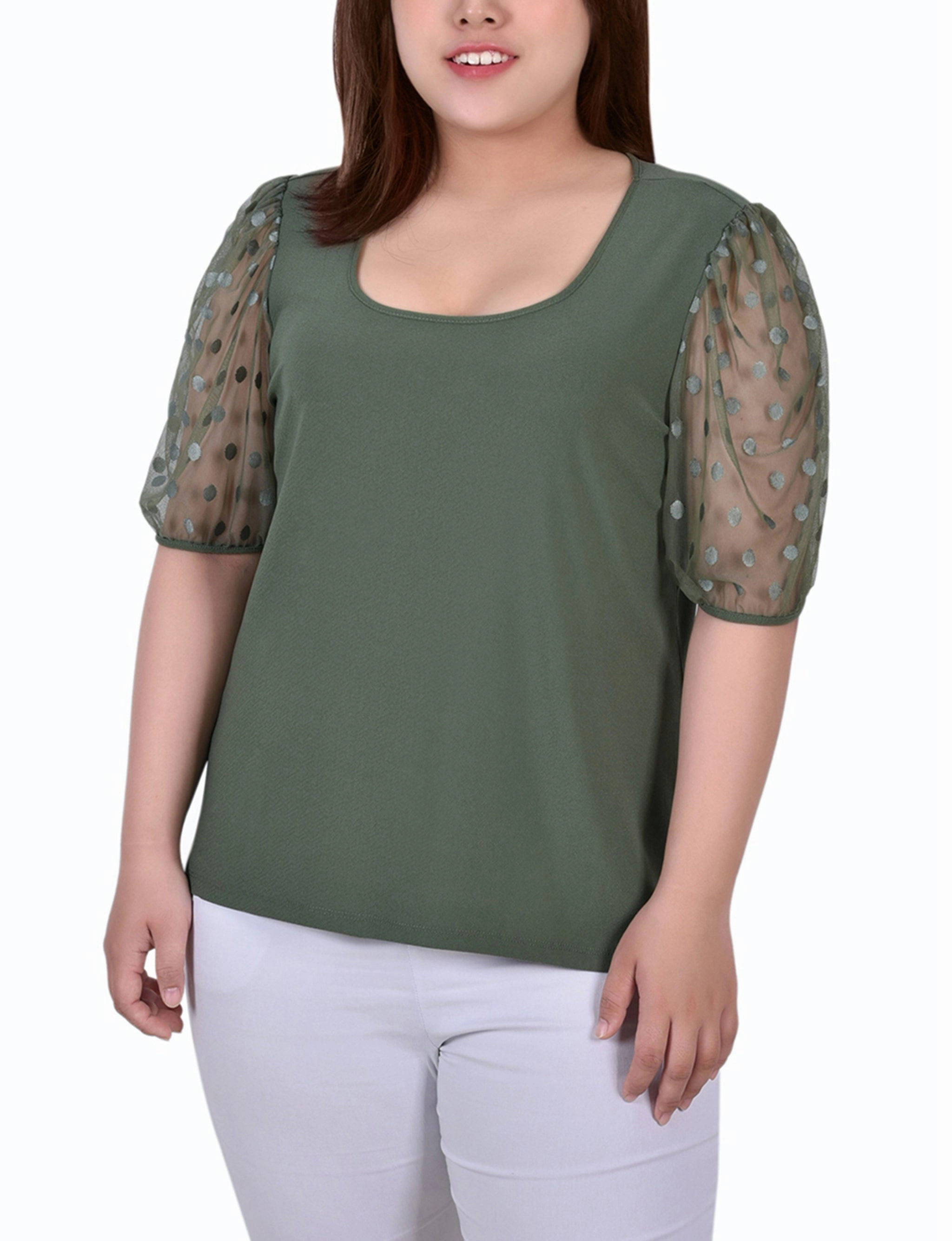 Trendy Look Plus Size Elbow Sleeve Crepe Top With Mesh Dotted Sleeves