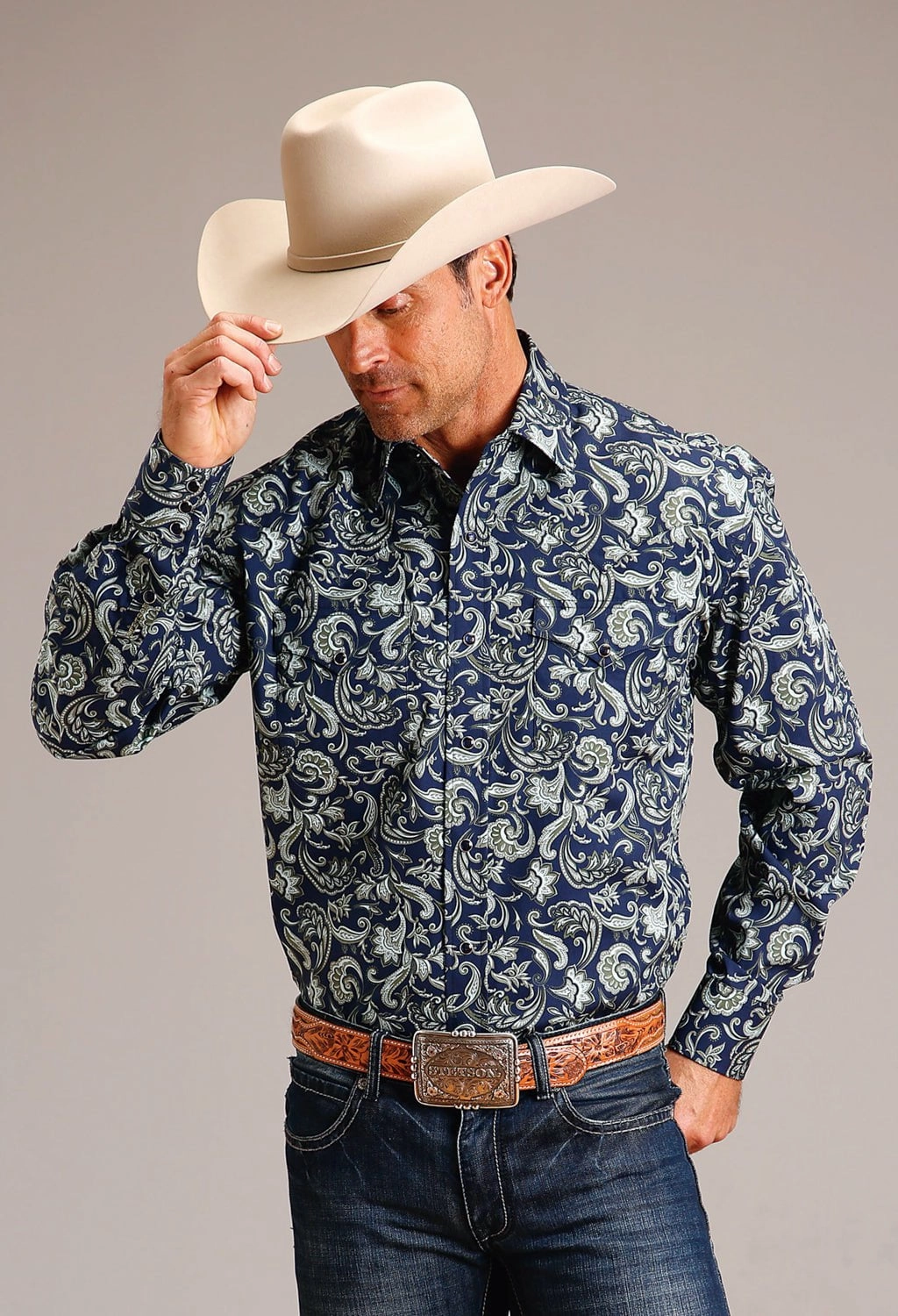 Stetson Mens Detailed Pailey Blue 100% Cotton L/S Shirt Easy Care Eco Dye Technique