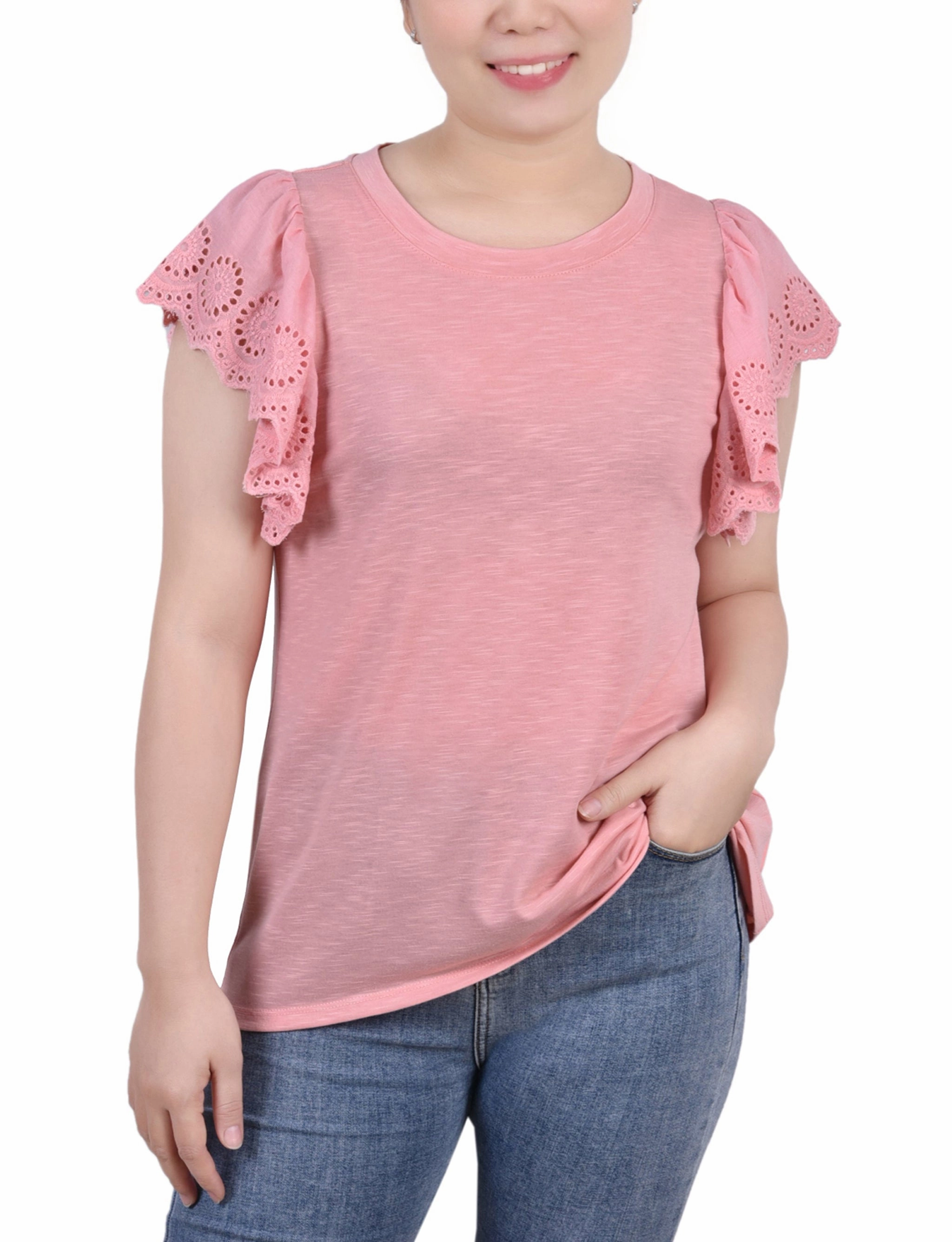 Flutter Sleeve Slub Knit Top Soft Stretch