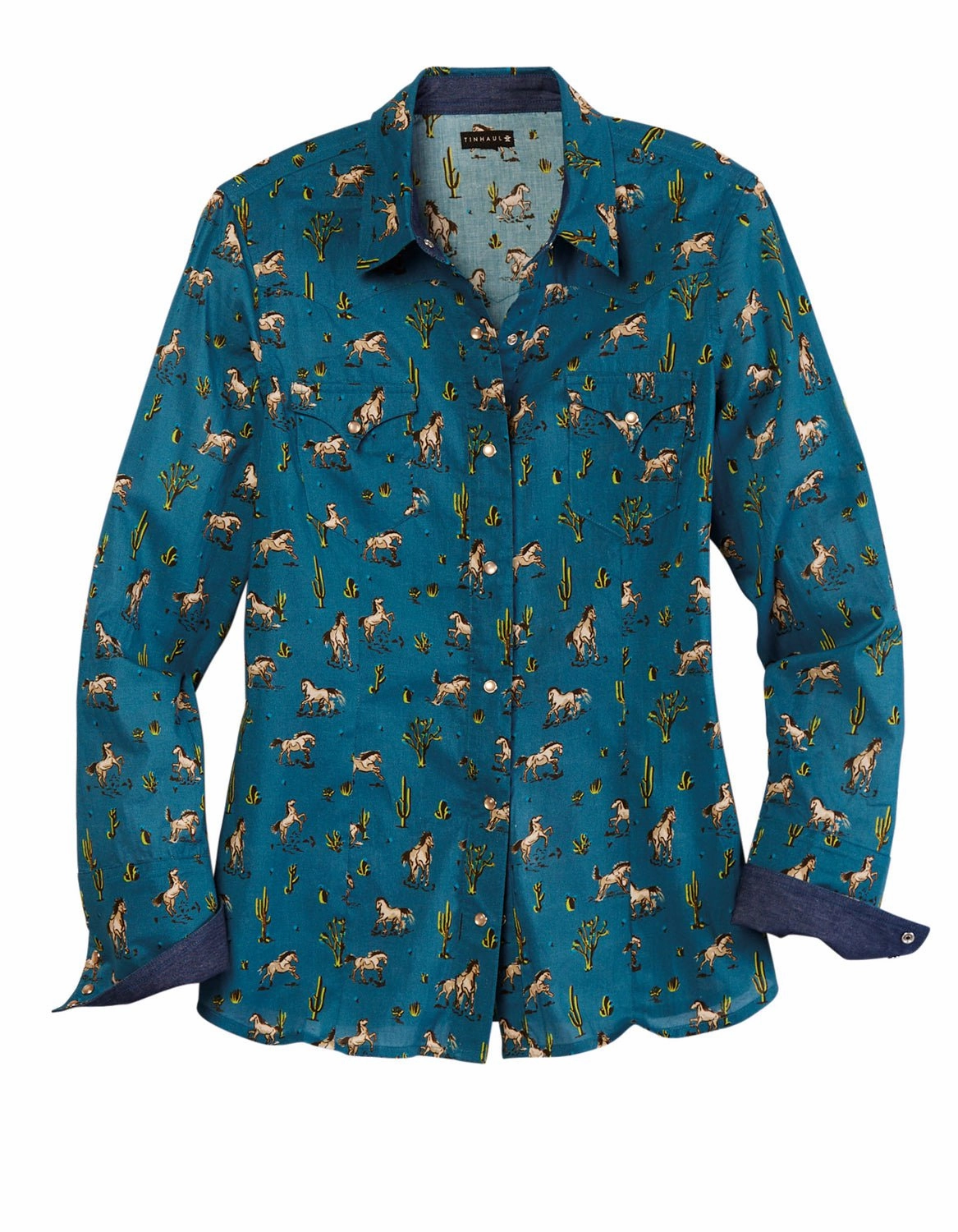 Fitted Design Graduation Ceremony Tin Haul Womens Kickin Up Dust Blue 100% Cotton L/S Shirt