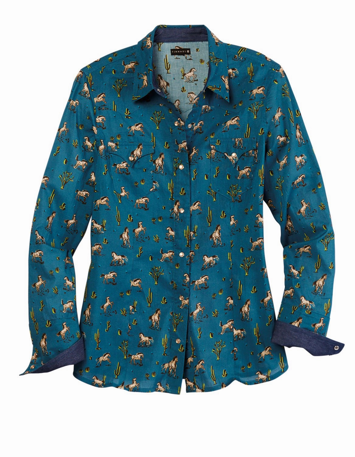 Tin Haul Womens Kickin Up Dust Blue 100% Cotton L/S Shirt Camouflage Style Street Fashion