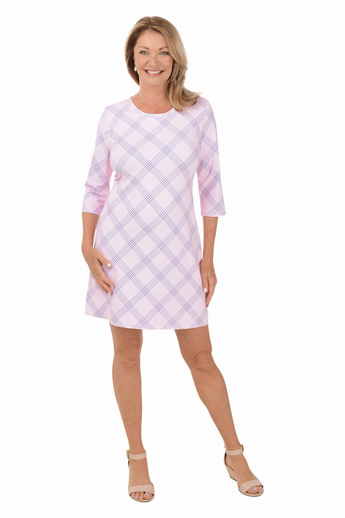 Pink Gingham UPF50  Travel Dress Belted-Style Fitted Shape