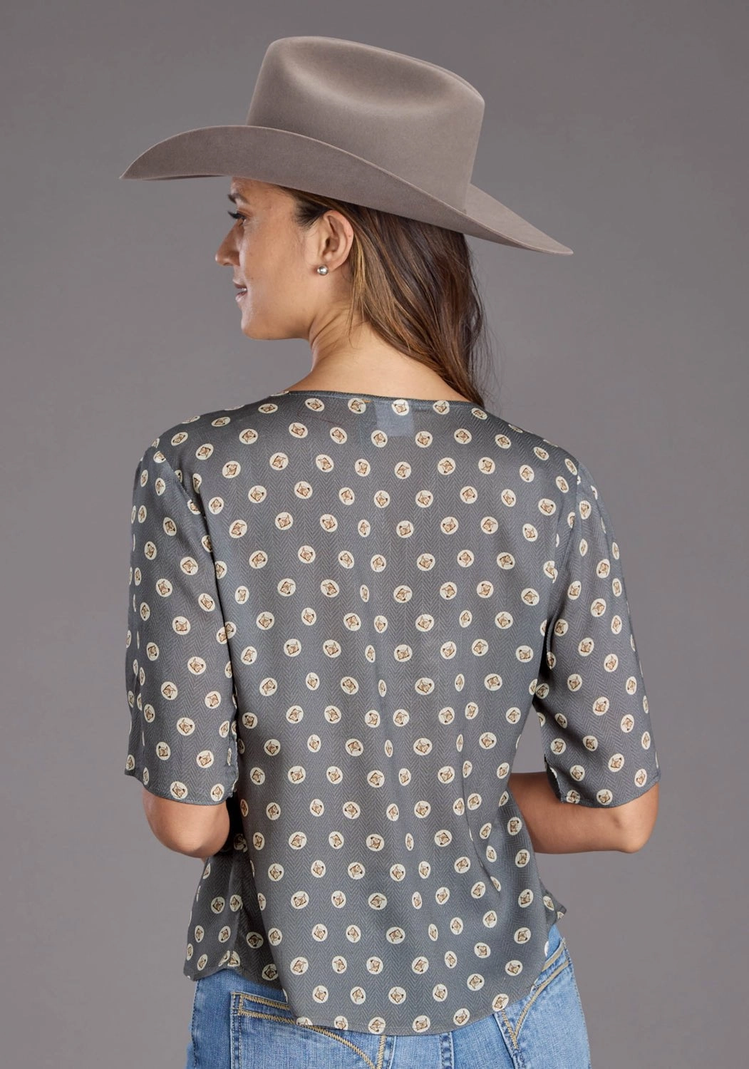 Smooth Cotton Blend Stetson Womens 2440 Horse Pennies Grey 100% Rayon S/S Blouse