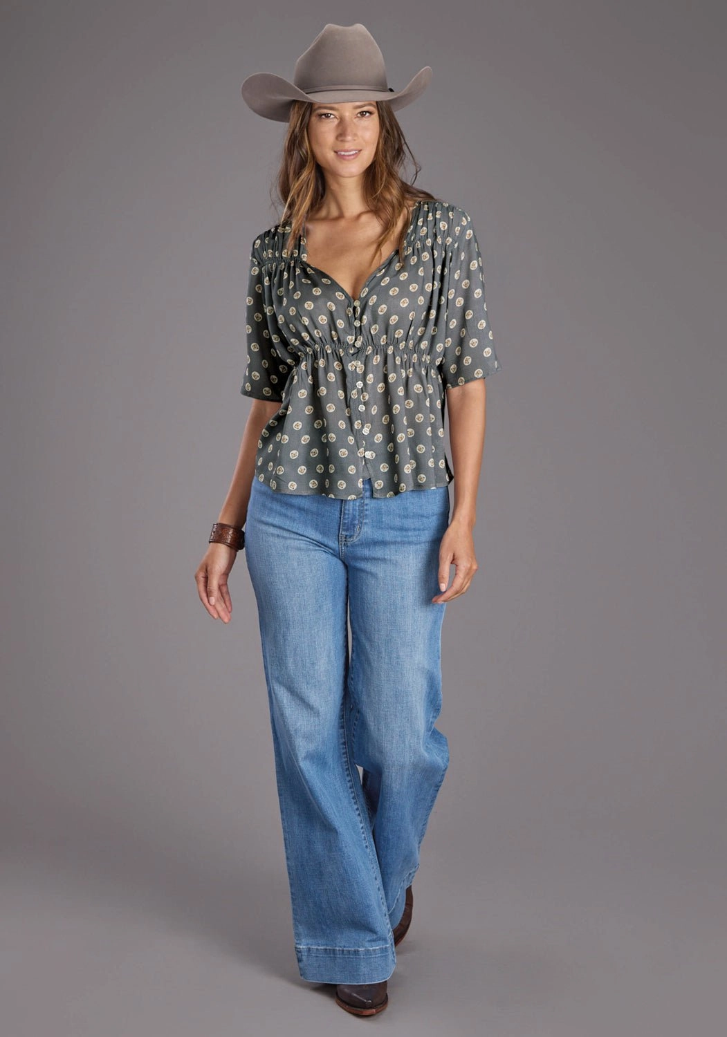 Stetson Womens 2440 Horse Pennies Grey 100% Rayon S/S Blouse Beach Attire Structured Collar