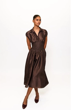 Trevy Smocked Waist Midi Dress in Brown Boat-Neck Seasonal Essential