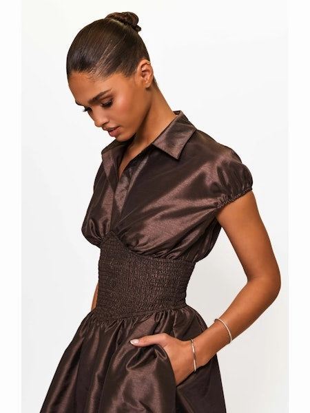 Trevy Smocked Waist Midi Dress in Brown Heritage-Brand Layered Look