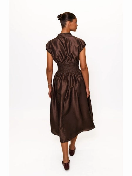 Trevy Smocked Waist Midi Dress in Brown Theater-Night