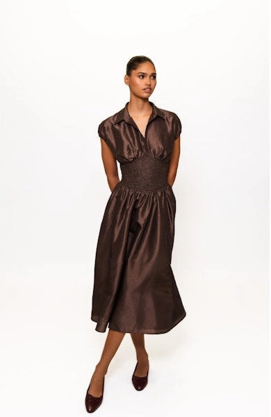 Trevy Smocked Waist Midi Dress in Brown Boat-Neck Seasonal Essential