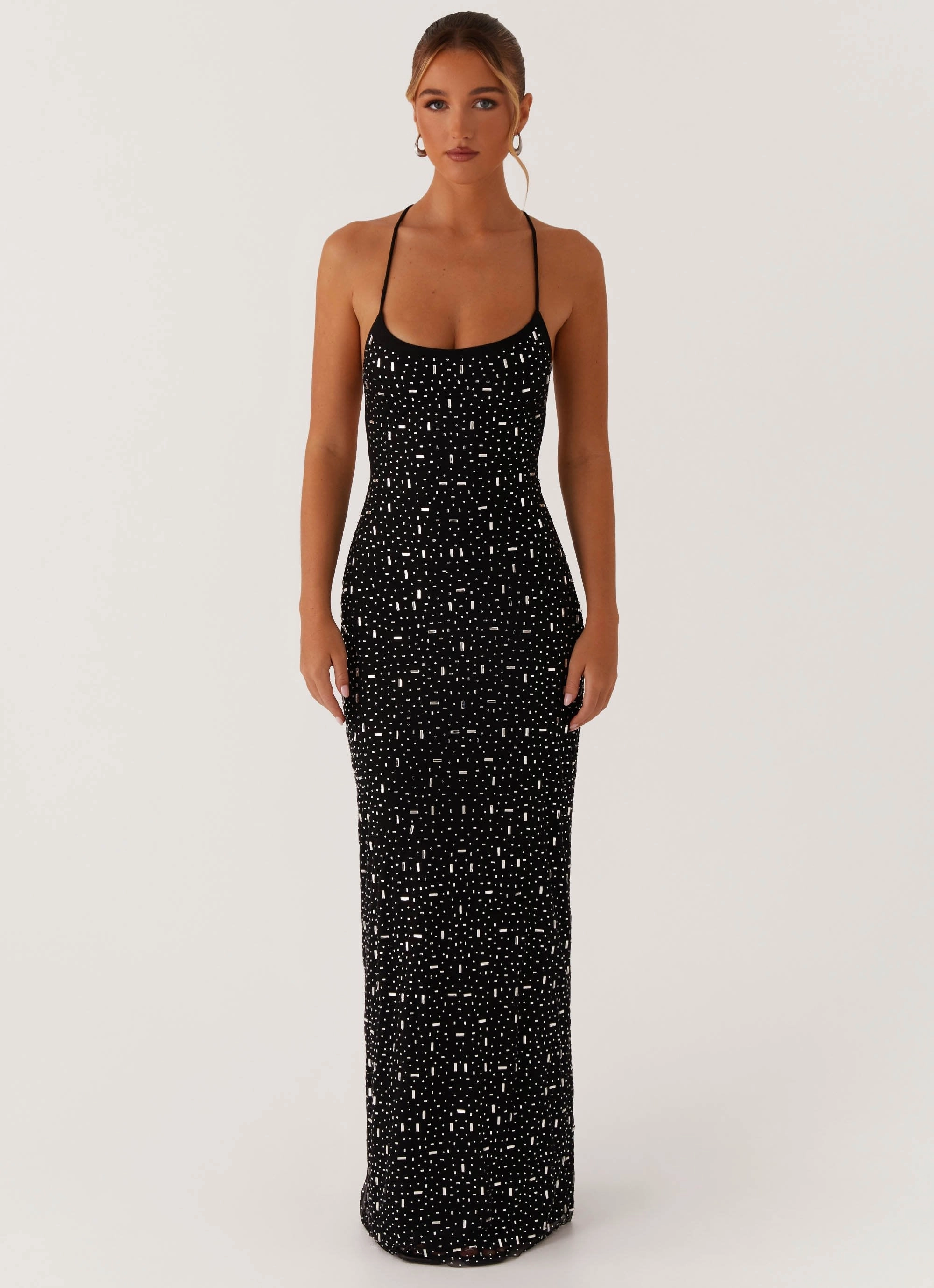 Layered Comfort Cressida Rhinestone Mesh Maxi Dress - Black