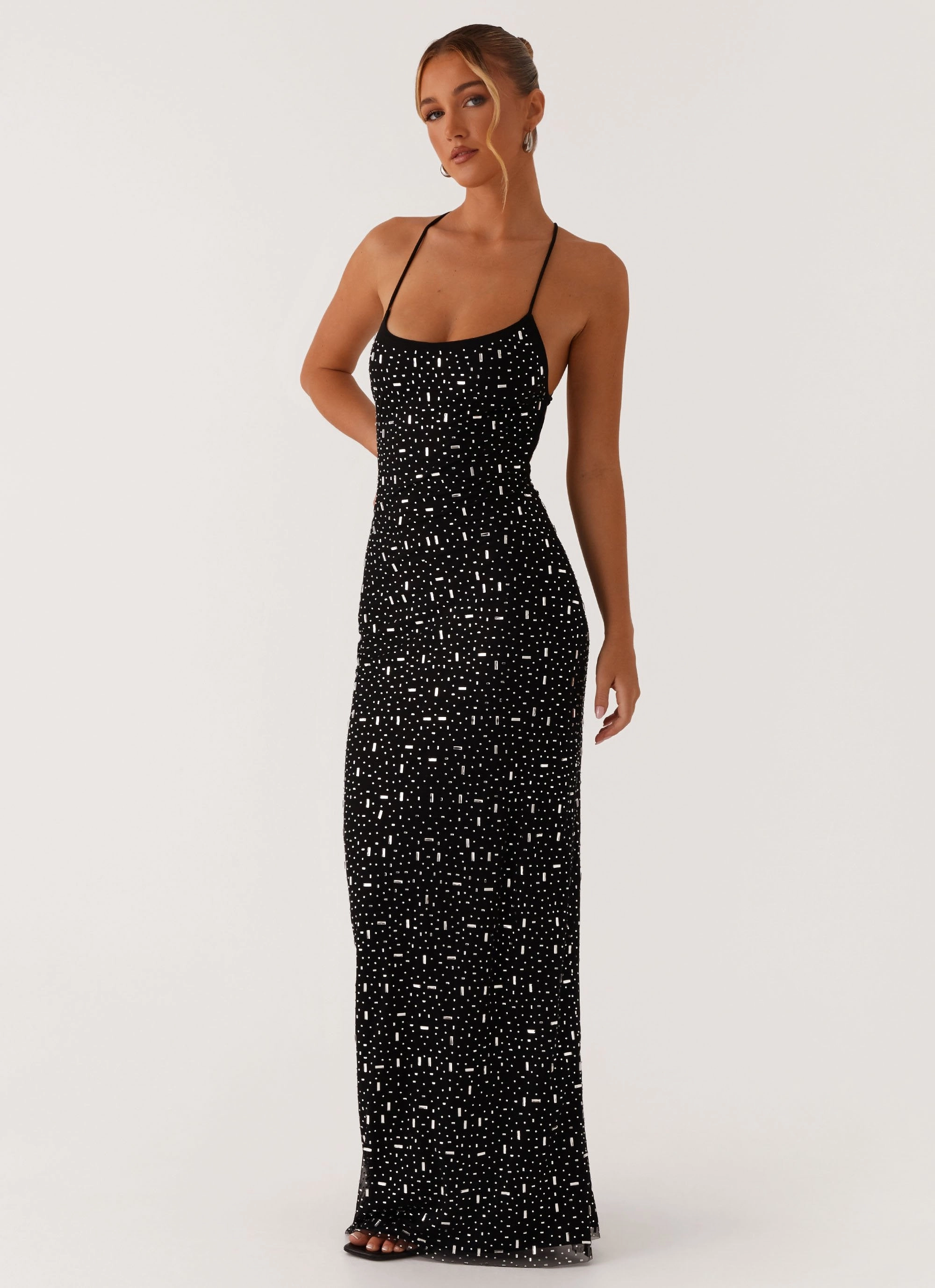 Cressida Rhinestone Mesh Maxi Dress - Black Stylish Silhouette Travel Essential