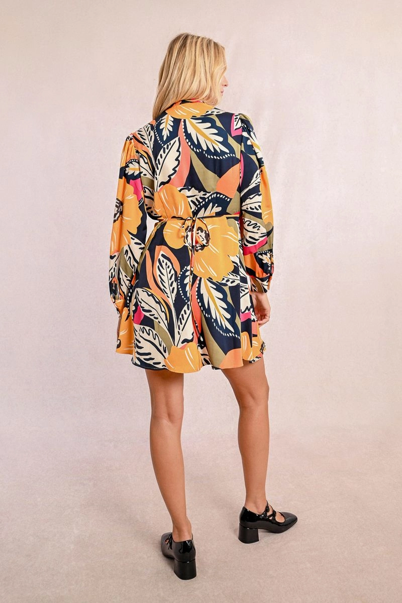 Celebration Wear Stylish and Comfortable Tropical Floral Mini Wrap Dress in Mango Yellow Jane