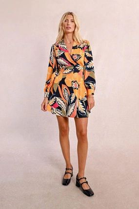 Tropical Floral Mini Wrap Dress in Mango Yellow Jane Shared Moment