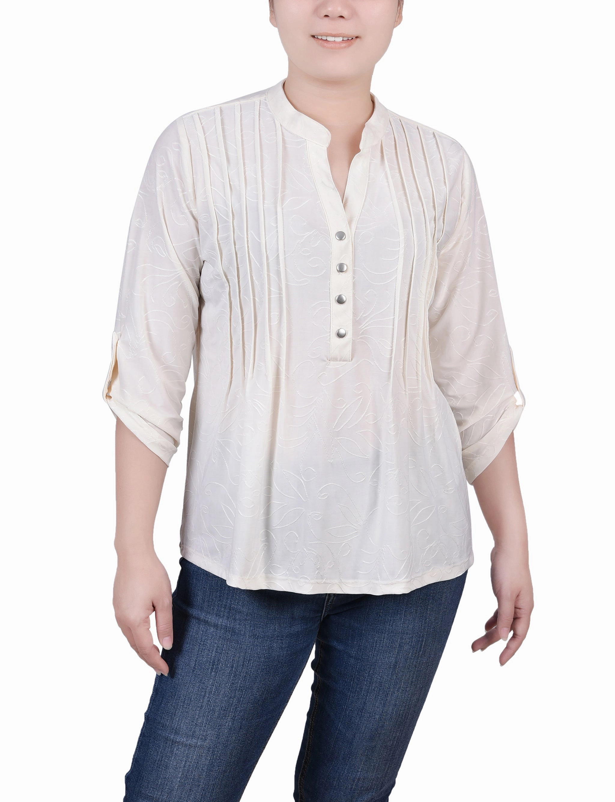 Anti Pilling Finish Petite 3/4 Roll Tab Pullover Top