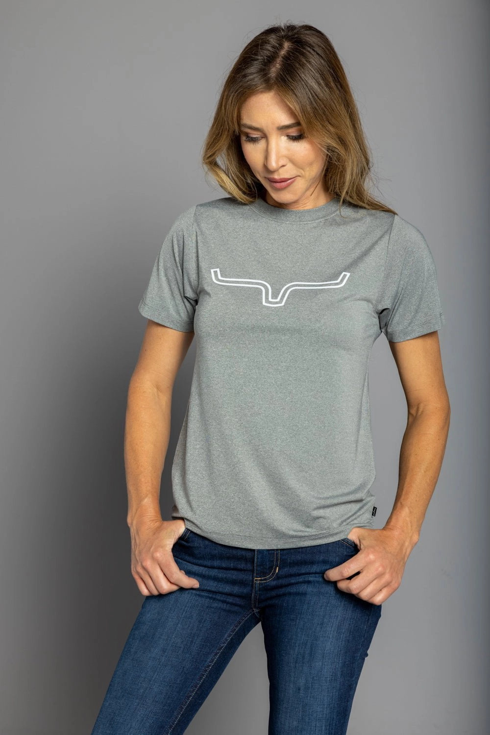 Kimes Ranch Womens Outlier Tech Tee Grey Heather Cotton Blend S/S T-Shirt Autumn Look Contemporary Fashion
