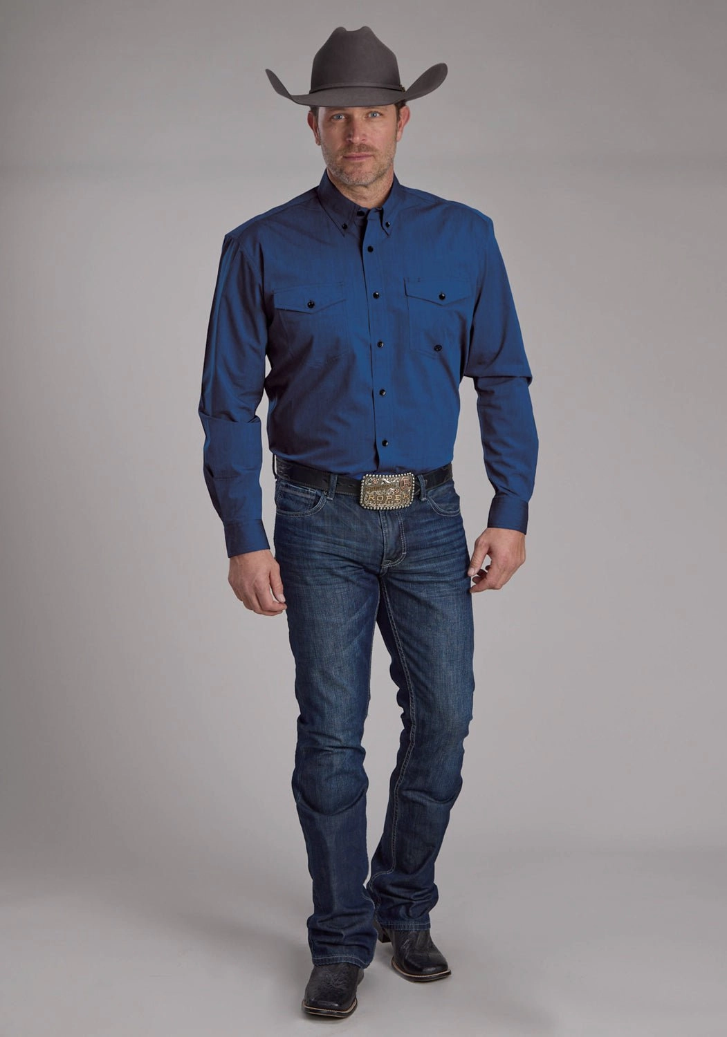 Roper Mens 2249 Black Fill Blue 100% Cotton Btn L/S Shirt Abrasion resistant