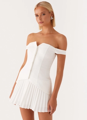 Empire-Waist Twisted Skies Off Shoulder Mini Dress - Off White