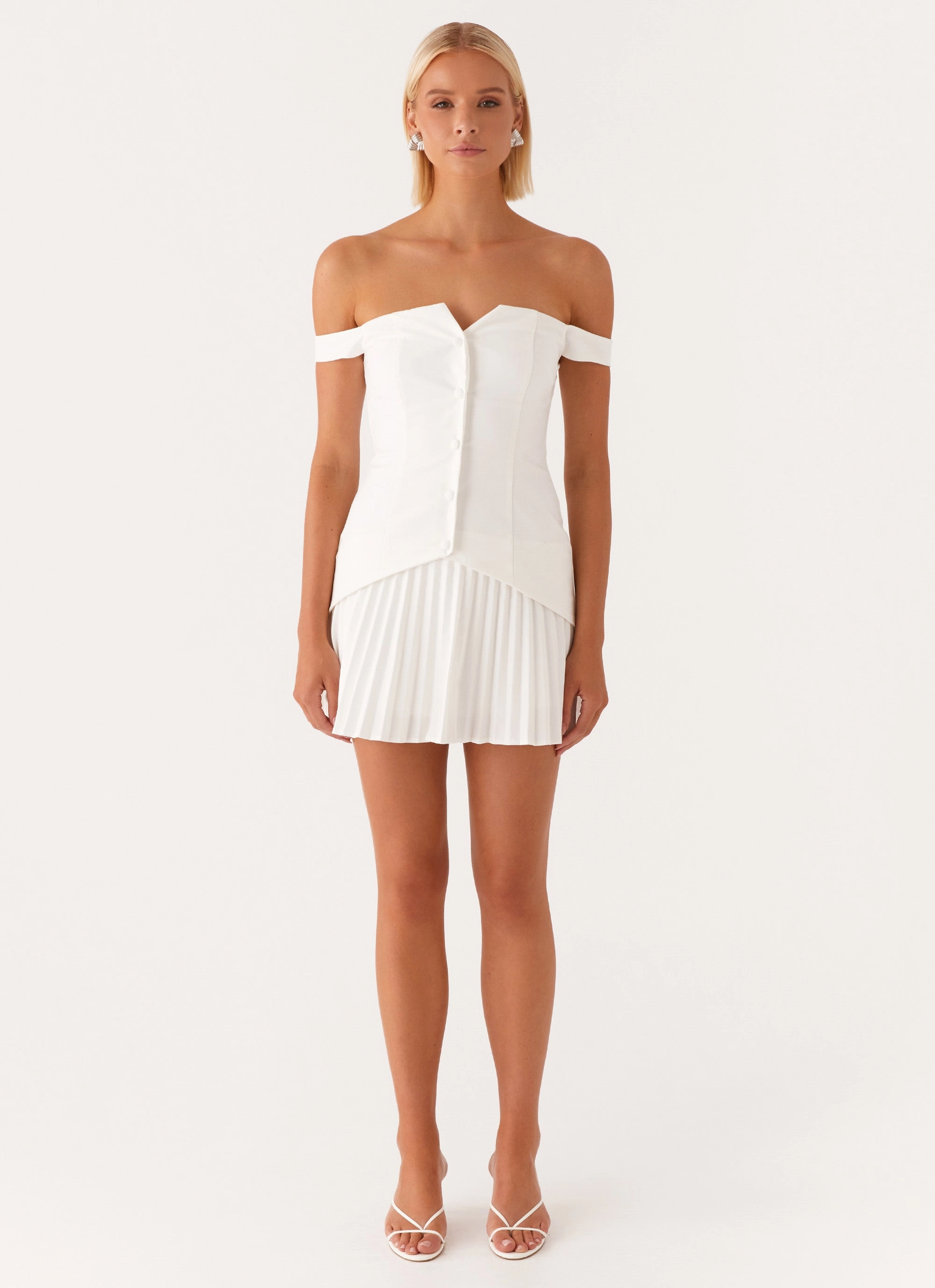 Twisted Skies Off Shoulder Mini Dress - Off White Silky Shine
