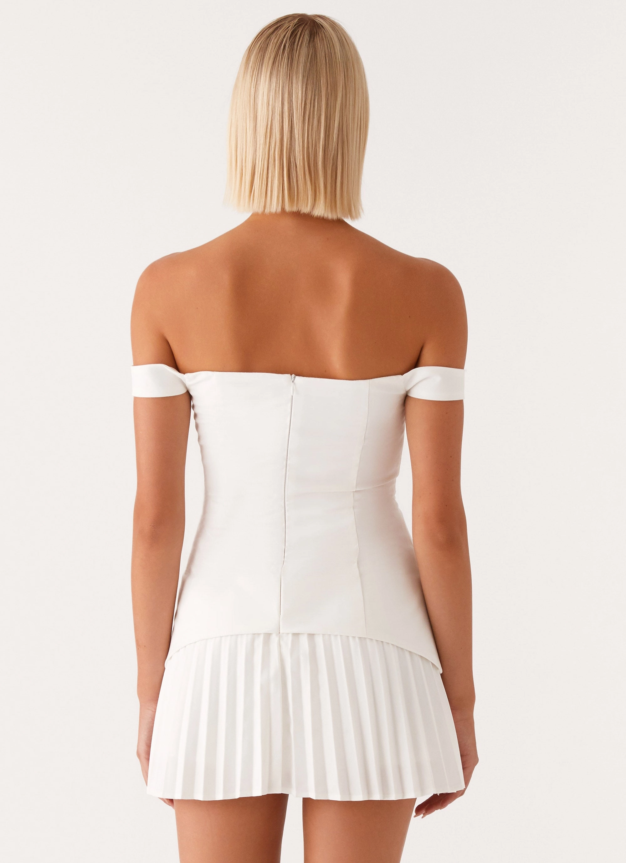 Comfy and Elegant Lawn Soft Twisted Skies Off Shoulder Mini Dress - Off White