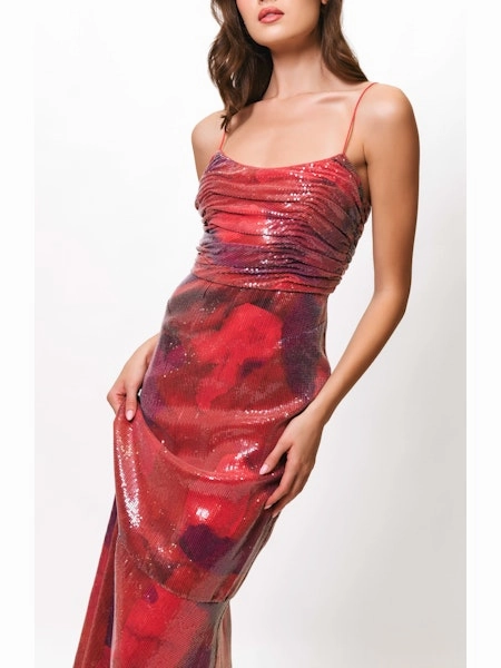 Mood Look Tylia Ruched Maxi Dress in Grenadine Painters Canvas