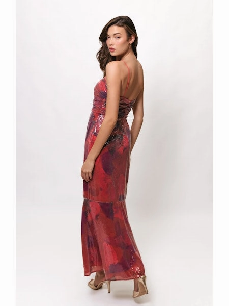 Edgy Look Tylia Ruched Maxi Dress in Grenadine Painters Canvas