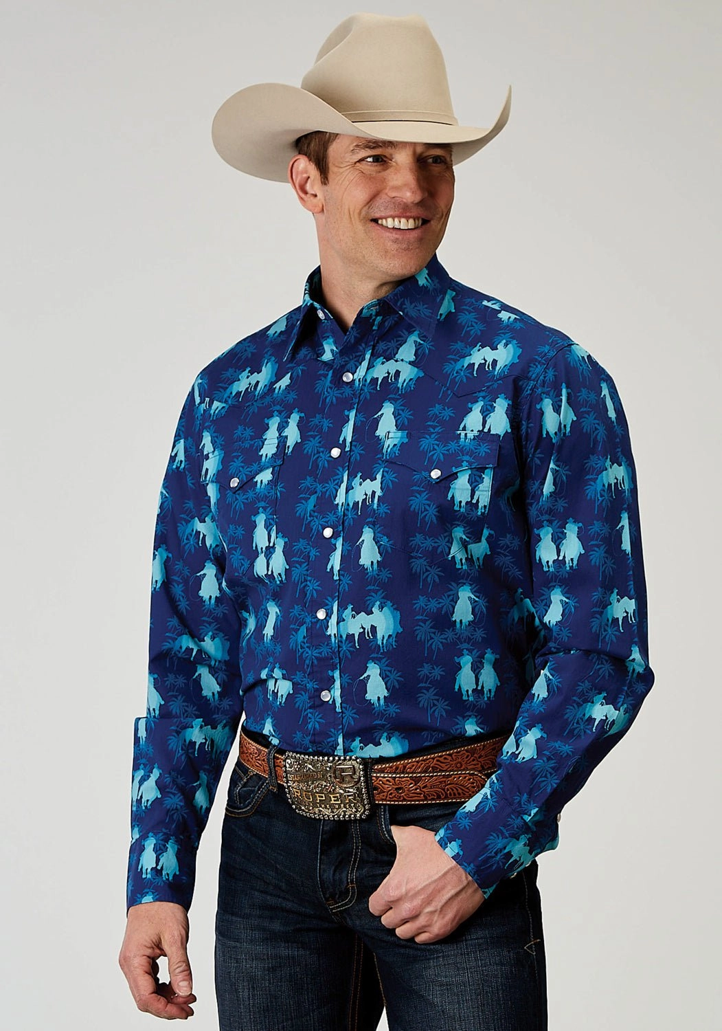 Subtle design Effortless Style Roper Mens 1907 Hawaiian Ombre Blue 100% Cotton L/S Shirt