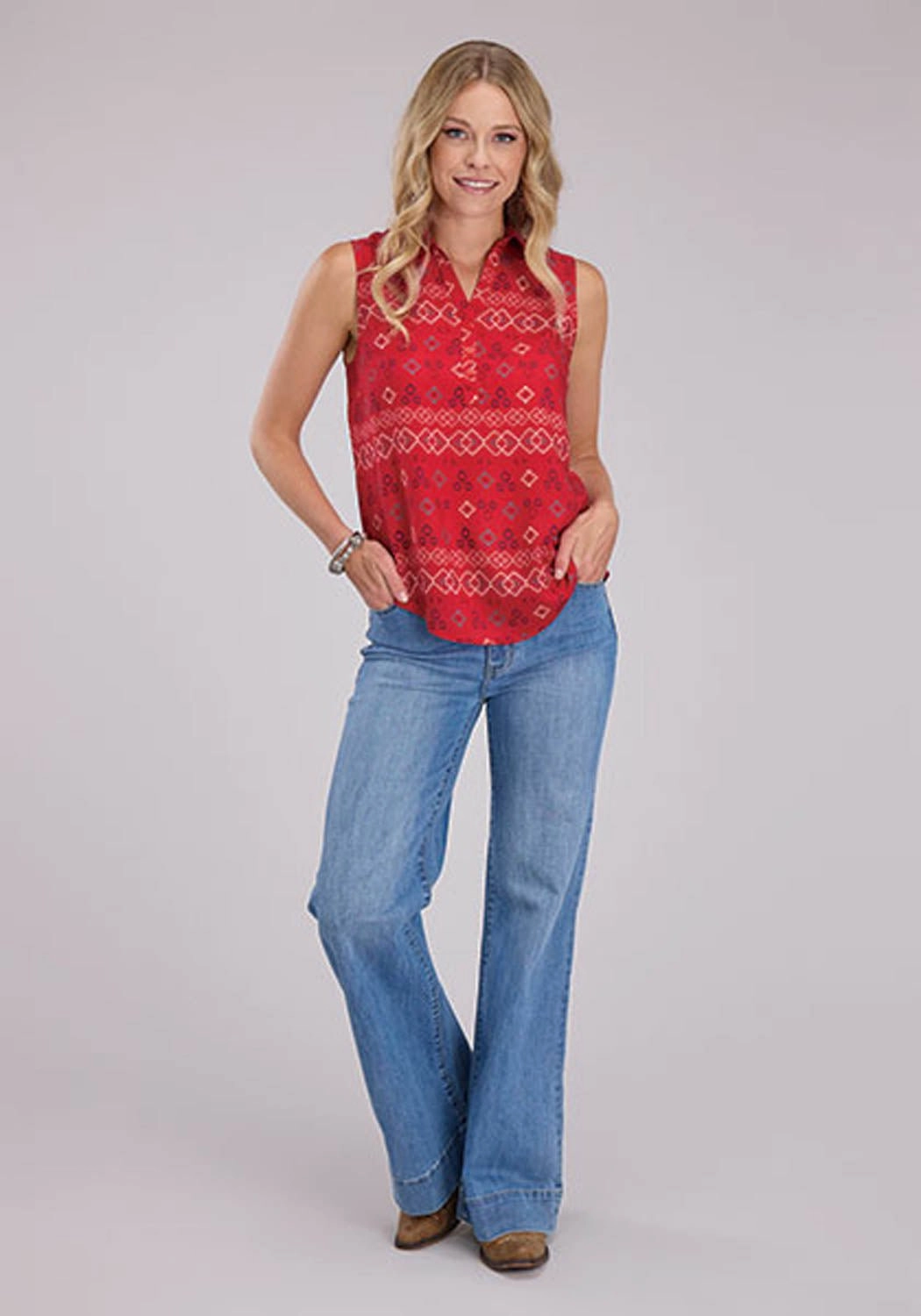 Roper Womens RWB Aztec Red 100% Rayon S/L Blouse No Chafe Edging Gym Companion