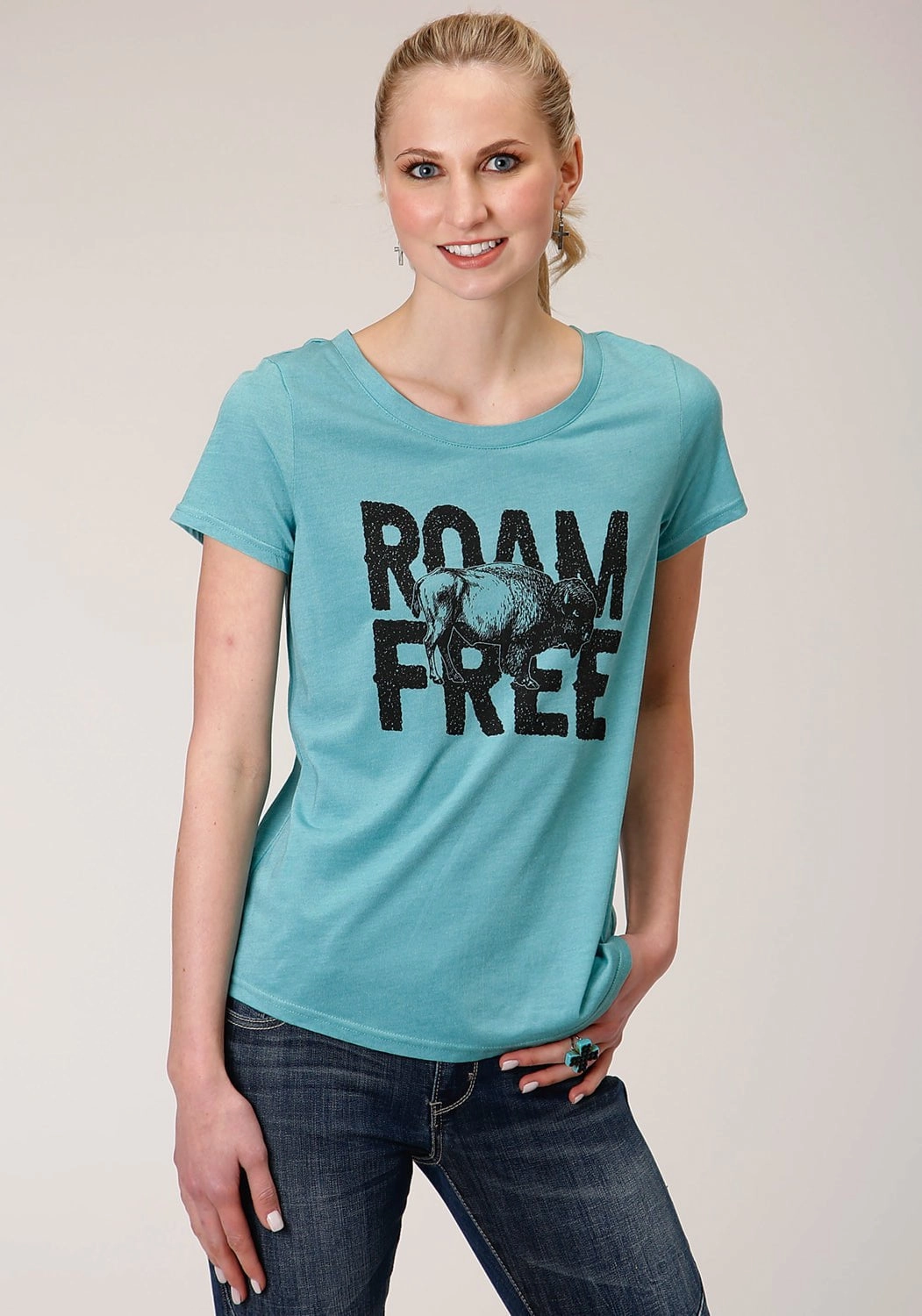 Embroidered Detail Handcrafted Detail Roper Womens Teal Poly/Rayon Roam Free S/S Buffalo T-Shirt