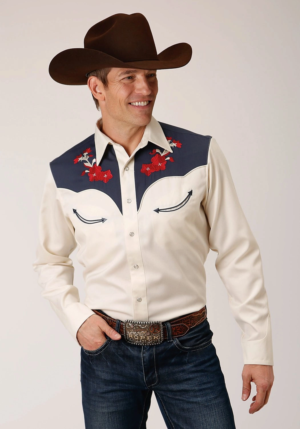 Artistic Design Wardrobe Essential Roper Mens Red Flower White Poly/Rayon L/S Shirt