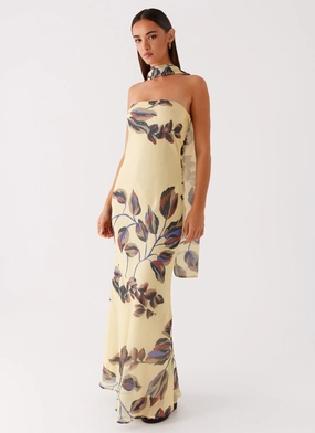Easy Tones Gift-Worthy Under The Pagoda Maxi Dress - Buttercream Leaf Print