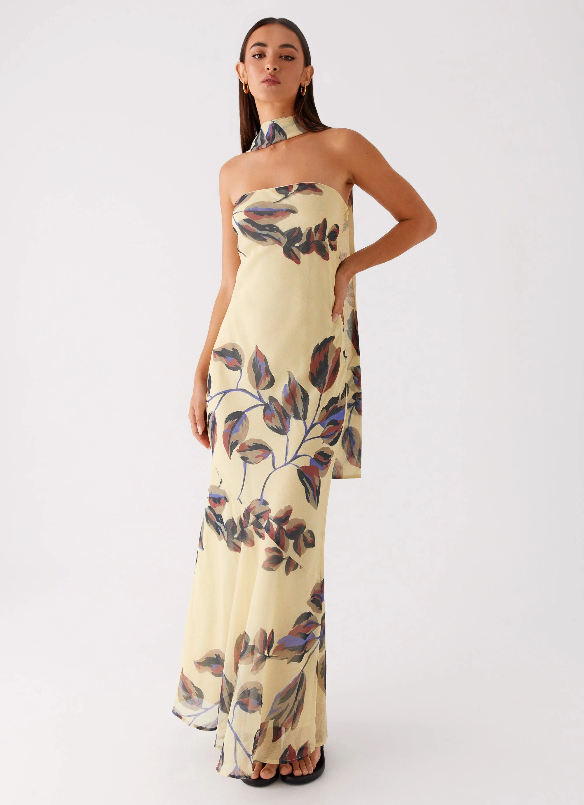 Clean Touch Edgy Twist Under The Pagoda Maxi Dress - Buttercream Leaf Print