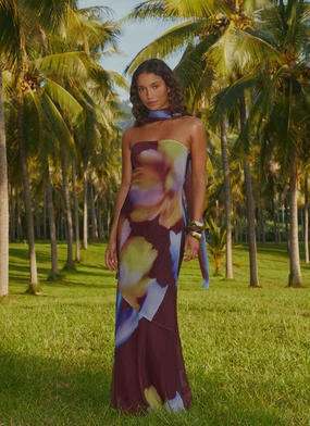 Under The Pagoda Maxi Dress - Dark Floral Garden Scene Simple Comfort